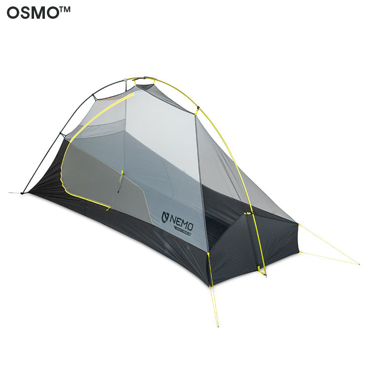 The NEMO Equipment Hornet OSMO™ Ultralight Backpacking Tent for two, in gray and yellow, has a single pole structure and mesh panels, shown set up on a white background.