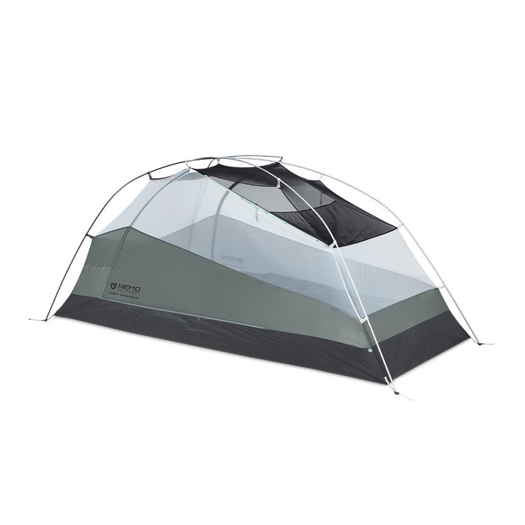 The NEMO Equipment Dragonfly™ Bikepack OSMO™ Ultralight Backpacking Tent is a freestanding two-person tent with a mesh canopy and gray base, shown without the rainfly.