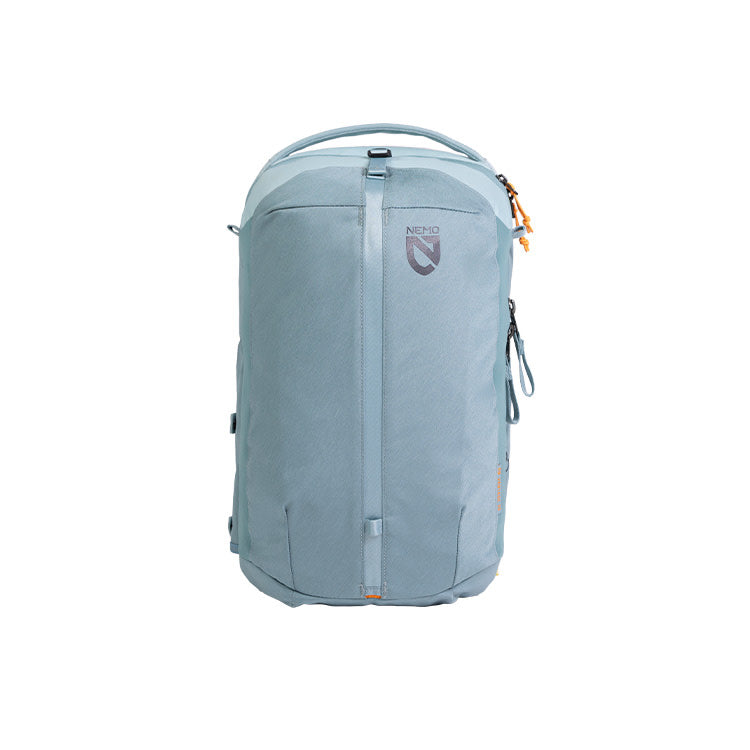 The NEMO Equipment Vantage™ 20L Endless Promise® Day Travel Backpack is a light blue, water-resistant pack with a top handle, front zipper, and logo—ideal as a durable recycled backpack for daily adventures.