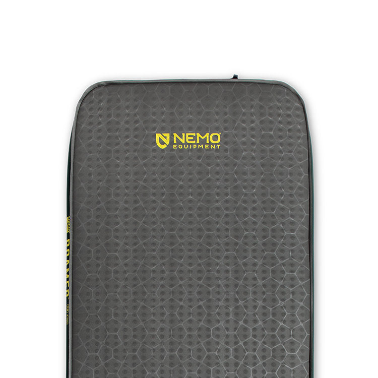 Rectangular dark gray Roamer™ Self-Inflating Mattress by NEMO Equipment, featuring a hexagonal pattern and a yellow "NEMO EQUIPMENT" logo near the top, displayed against a white background.