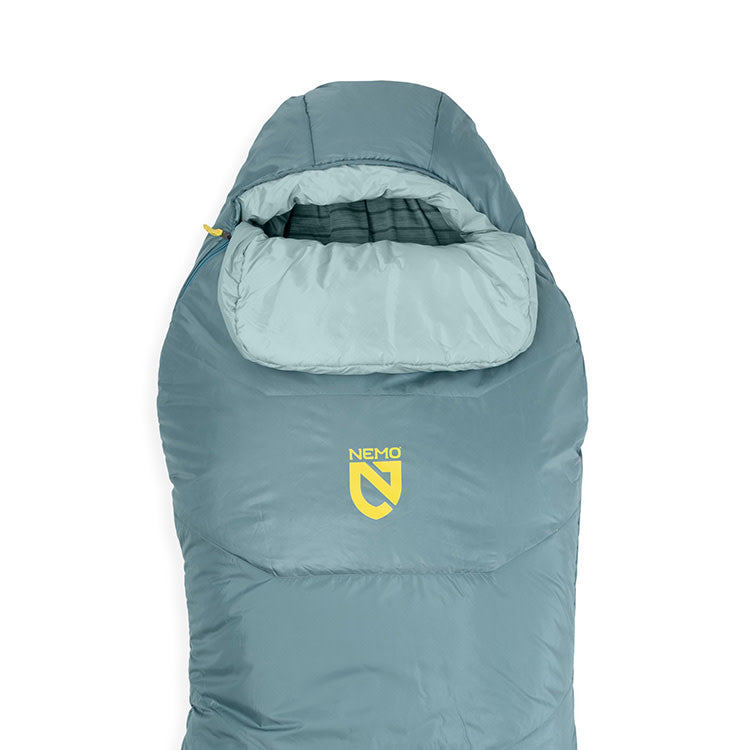 A maroon Tempo™ Men's Endless Promise Synthetic Sleeping Bag by NEMO Equipment, with a hood and visible logo, shown from above on a white background—ideal for upgrading your camping gear collection.