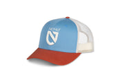 Blue and white snapback cap featuring a red brim and "NEMO" logo, from NEMO Equipment's Trucker Hat collection.
