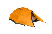 The bright orange Kunai™ 3–4 Season Backpacking Tent by NEMO Equipment is shown set up with a rainfly and guy lines on a white background, its partially open door revealing spacious, all-season camping comfort.