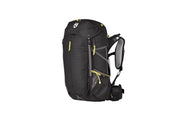The NEMO Equipment Persist™ Women's 45L Endless Promise® All-Adventure Backpack, featuring yellow accents and multiple compartments, is crafted from sustainable materials and displayed against a white background.