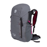 The NEMO Equipment Resolve™ Women's 35L Endless Promise® Technical Overnight Backpack in gray with black and pink accents, features padded shoulder straps, a hip belt, and multiple compartments, shown on a plain white background.