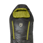 A black and green NEMO Equipment Forte™ Endless Promise® Men's Synthetic Sleeping Bag featuring a hood and two vertical zippered front pockets.
