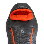 A black and orange NEMO Equipment Riff™ Men's Endless Promise® Down Sleeping Bag with an insulated hood is shown laid out flat, displaying the brand logo.