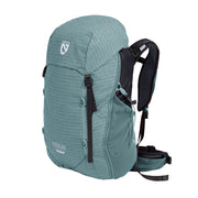 The NEMO Equipment Resolve™ Women's 35L Endless Promise® Technical Overnight Backpack has padded shoulder straps, a hip belt, multiple adjustment straps, a front zippered pocket, and the NEMO logo—ideal for your next hiking adventure.