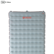 Light gray Tensor™ All-Season Ultralight Insulated Sleeping Pad by NEMO Equipment with horizontal air chambers, Spaceframe™ baffle design for stability, and a 5.4 R-value label in the top left corner.
