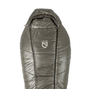 The NEMO Equipment Soul™ Endless Promise® Synthetic Mummy Sleeping Bag is gray, ultralight, hooded, with the NEMO logo on the front and insulated with recycled synthetic fill for eco-friendly warmth.