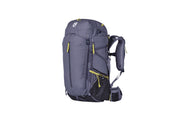 The NEMO Equipment Persist™ Women's 45L Endless Promise® All-Adventure Backpack, in gray and black with yellow zipper pulls, features multiple compartments and padded straps. Made from sustainable materials. Shown on white background.