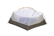 The NEMO Equipment Aurora™ Backpacking Tent & Footprint is a lightweight, freestanding 2-person tent with mesh upper panels, grey sides, and aluminum poles—ideal for eco-friendly adventurers, shown on a white background.