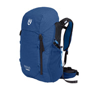 The Resolve™ Men's 35L Endless Promise® Technical Overnight Backpack by NEMO Equipment features padded straps, hip belt, side pockets, and logo—an ultra-durable blue pack designed for comfort and adventure.
