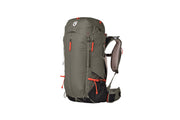 The NEMO Equipment Persist™ Men's 45L Endless Promise® All-Adventure Backpack, shown upright on a white background, features an olive green build with orange zipper pulls, padded straps, hip belt, and multiple compartments. Made from sustainable materials.