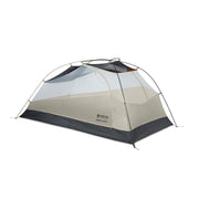 The NEMO Equipment Dragonfly OSMO™ Ultralight Backpacking Tent is a lightweight, gray and black two-person freestanding tent with mesh upper panels and a single door, shown set up on a white background.