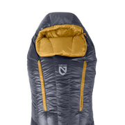 The NEMO Equipment Disco™ Men's Endless Promise® Down Sleeping Bag offers side-sleeping comfort, an integrated insulated pillow, and two yellow Thermo Gill vents for adjustable airflow.