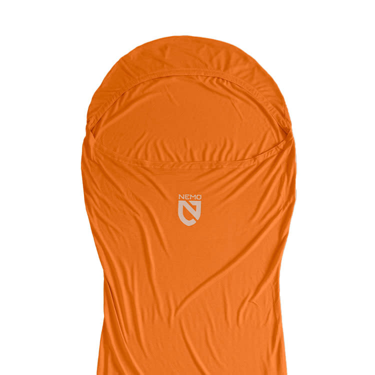 The Tracer™ Blaze Endless Promise® Sleeping Bag Liner by NEMO Equipment, seen from above with its bright orange color and logo at the head, features THERMOLITE EcoMade—ideal for warm weather camping.