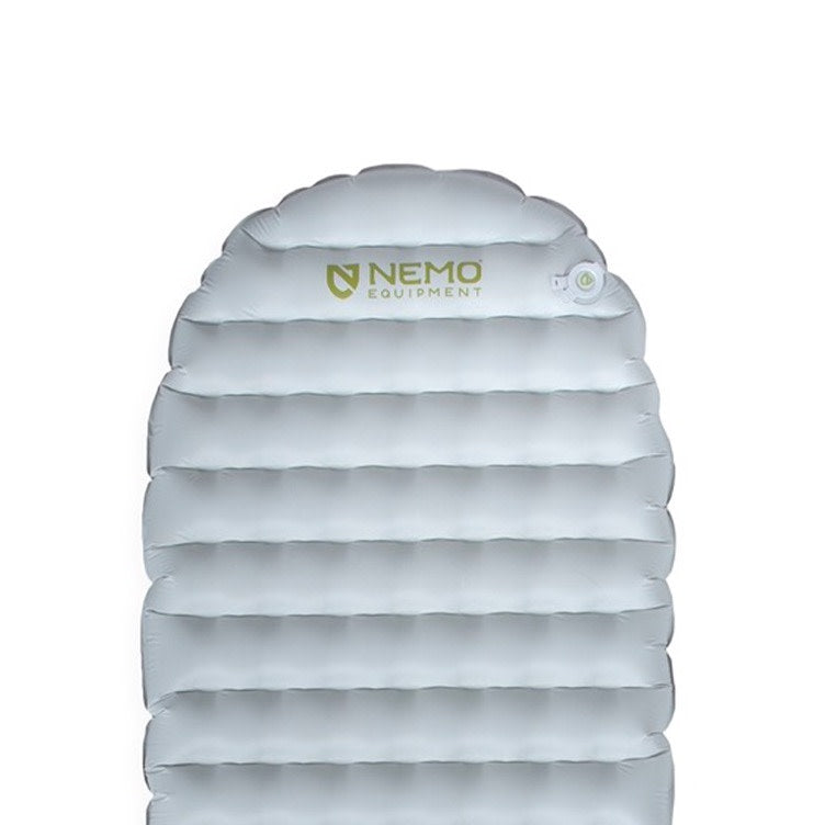 Top view of a gray NEMO Equipment Tensor™ Elite Ultralight Insulated Sleeping Pad with horizontal air chambers, "NEMO Equipment" logo, and a valve in the upper right corner.
