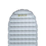 The NEMO Equipment Tensor™ Elite Ultralight Insulated Sleeping Pad is a gray pad with horizontal air chambers and a valve, featuring the NEMO logo—an ideal ultralight choice for backpacking adventures.