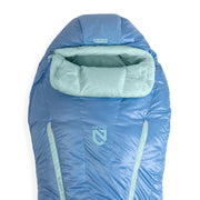 The Riff™ Women's Endless Promise® Down Sleeping Bag from NEMO Equipment is a blue and light teal ultralight bag with a hood, designed for comfort and versatility, featuring the NEMO logo on the front.