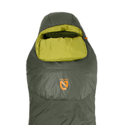 The NEMO Equipment Tempo™ Men's Endless Promise Synthetic Sleeping Bag is a green side sleeper bag with a yellow interior, hood, and front NEMO logo—an excellent choice to enhance your camping gear collection.