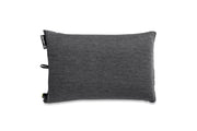 The NEMO Equipment Fillo™ Backpacking & Camping Pillow is a rectangular, dark gray ergonomic travel pillow with a heathered fabric texture, a small black and white tag, and a fabric loop on the left side.
