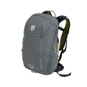 The Resolve™ Men’s 25L Endless Promise® Technical Daypack by NEMO Equipment is a gray, water-resistant backpack with zippered compartments, yellow accents, padded shoulder straps, and a top handle—perfect for hiking gear. Shown against a white background.