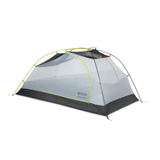 The NEMO Equipment Dragonfly OSMO™ Ultralight Backpacking Tent is a lightweight, freestanding two-person tent with a gray/black base, yellow recycled aluminum poles, breathable mesh, and the NEMO logo printed on the side for easy setup.