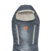 The Forte™ Endless Promise® Men's Synthetic Sleeping Bag by NEMO Equipment is gray with a hood and two vertical zippers, featuring the NEMO logo—ideal for backcountry adventures.