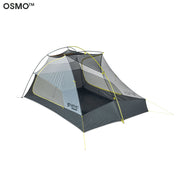 The NEMO Equipment Hornet OSMO™ Ultralight Backpacking Tent, a freestanding gray and yellow tent with mesh panels, is pitched and viewed from an angle against a white background.