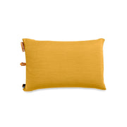 The NEMO Equipment Fillo™ Backpacking & Camping Pillow is rectangular, mustard yellow, and has a smooth fabric texture with a small fabric loop and branded tag on one side, shown isolated on a white background.