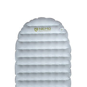 Top view of a gray NEMO Equipment Tensor™ Elite Ultralight Insulated Sleeping Pad with horizontal air chambers, "NEMO Equipment" logo, and a valve in the upper right corner.