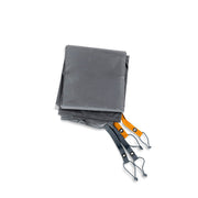 The Kunai™ Footprint by NEMO Equipment is a folded gray 75D PU polyester tarp with two blue and one yellow strap—each featuring metal hooks—to extend tent life. Shown on a white background.