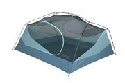 The Aurora™ Backpacking Tent & Footprint by NEMO Equipment is a blue and gray dome-style tent with mesh upper panels, one side door, and a "NEMO" logo on the lower side.