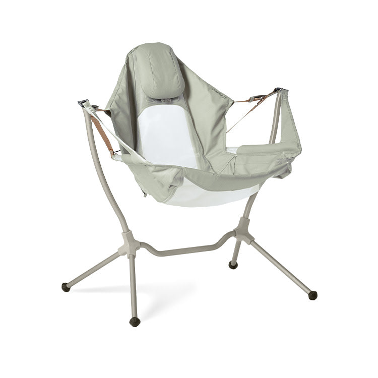 The NEMO Equipment Stargaze™ Reclining Camp Chair features a modern design with a light gray fabric seat, metal frame, supportive headrest, and four sturdy legs, pictured against a white background.