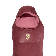 A maroon Tempo™ Men's Endless Promise Synthetic Sleeping Bag by NEMO Equipment, with a hood and visible logo, shown from above on a white background—ideal for upgrading your camping gear collection.