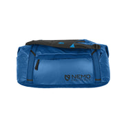 The Double Haul™ 70L Dual-Purpose Duffel & Tote by NEMO Equipment is a blue bag with black accents, zippered front pocket, carrying handles, and side logo, crafted from water-resistant recycled nylon.