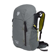 The NEMO Equipment Resolve™ Men's 35L Endless Promise® Technical Overnight Backpack stands upright against a white background, featuring gray fabric, black straps, yellow interior padding, side pockets, and a sternum strap.