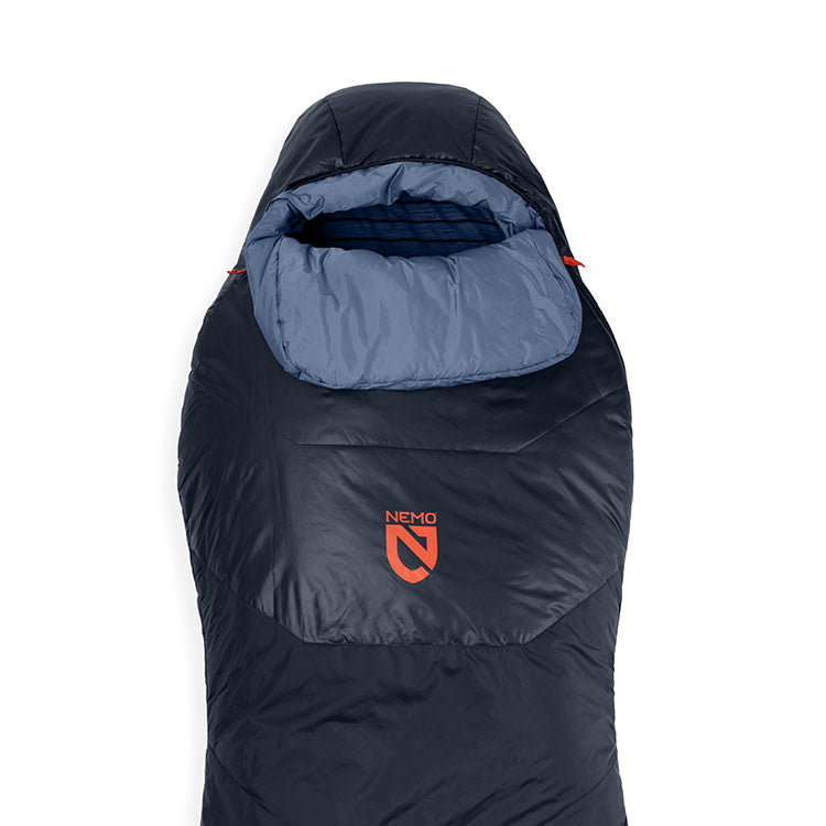 The NEMO Equipment Tempo™ Men's Endless Promise Synthetic Sleeping Bag is a green side sleeper bag with a yellow interior, hood, and front NEMO logo—an excellent choice to enhance your camping gear collection.