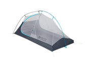 The NEMO Equipment Hornet™ Elite OSMO™ Ultralight Backpacking Tent features a freestanding gray and blue design, mesh upper, single door, lightweight frame, and durable OSMO™ fabric—ideal for ultralight backpacking.