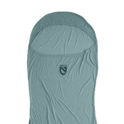 A light blue NEMO Equipment Tracer™ Endless Promise® Sleeping Bag Liner with hood, made from odor-resistant THERMOLITE EcoMade fabric, is displayed flat against a white background.