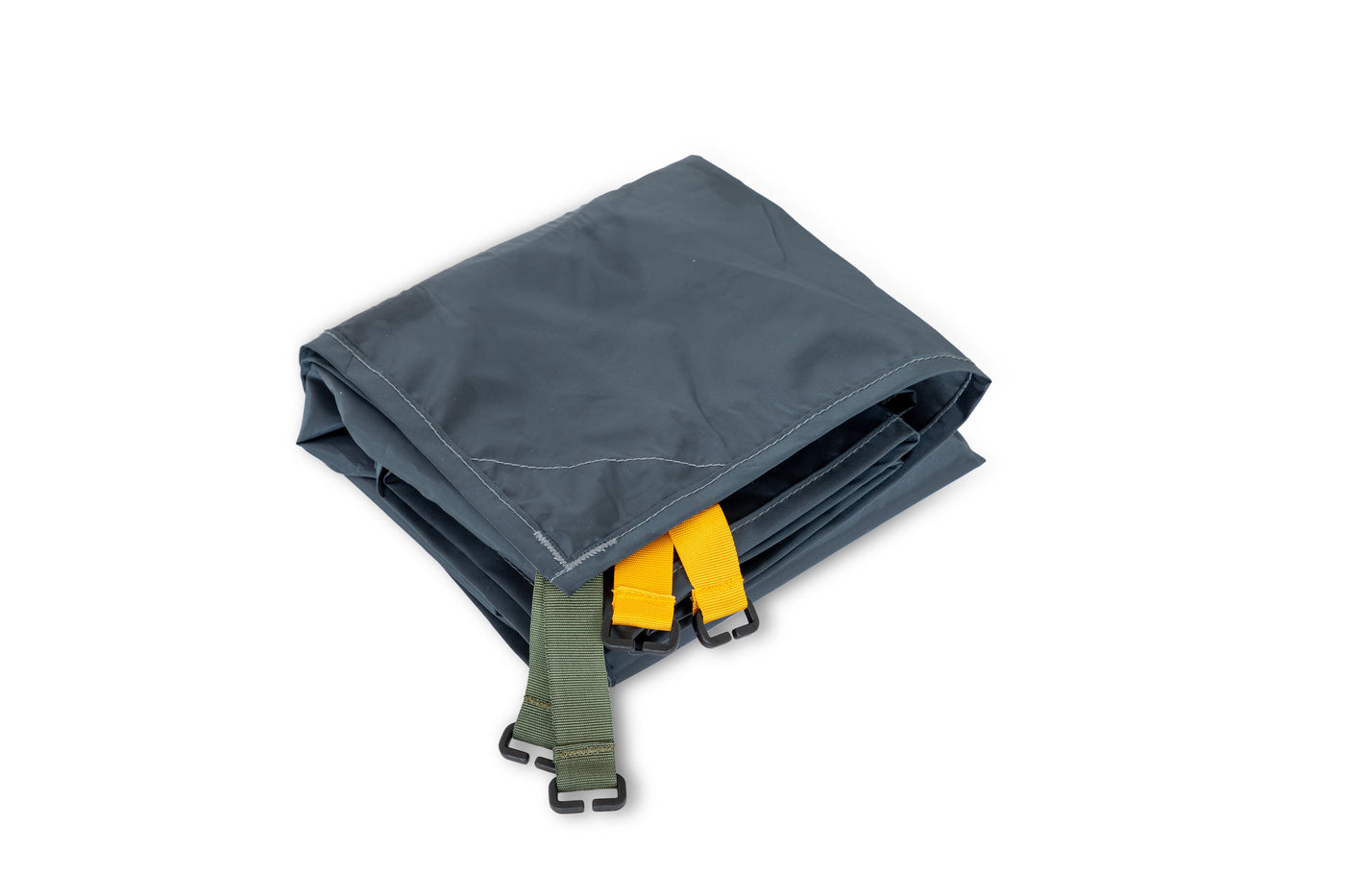 The NEMO Equipment Dragonfly™ Bikepack OSMO™ Footprint is a folded gray polyester tarp with yellow and green straps and black plastic buckles, shown on a white background.