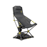 The NEMO Equipment Satellite™ Reclining Anywhere Chair in gray with yellow accents delivers full-body support with a headrest, cup holder, reinforced frame, and black base—ideal as a lightweight portable chair for camping.