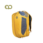 The NEMO Equipment Vantage™ 30L Endless Promise® Everyday Adventure Daypack in yellow and gray stands upright against a white background, with a circular green graphic in the top left corner.