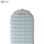 A gray NEMO Equipment Tensor™ All-Season Ultralight Insulated Sleeping Pad with a 5.4 R-Value label is shown, featuring Spaceframe™ baffle design for improved stability and comfort.
