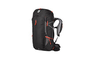 The NEMO Equipment Persist™ Men's 45L Endless Promise® All-Adventure Backpack features a large black design with red zipper pulls, multiple compartments, adjustable straps, and a padded hip belt made from sustainable materials.
