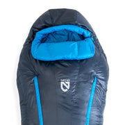 A dark gray and bright blue NEMO Equipment Riff™ Men's Endless Promise® Down Sleeping Bag with a hood, viewed from above on a white background.